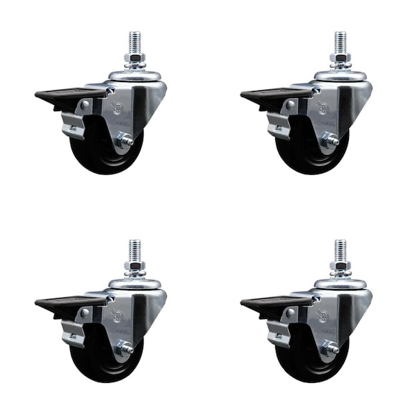 3 Inch Hard Rubber 12 Inch Threaded Stem Caster Set with Brake